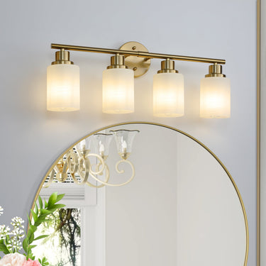 4-Light Golden Bathroom Vanity Light Fixture with Frosted Glass Shades